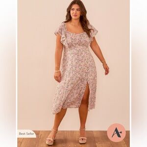 ARULA Sarah Floral Midi Dress in Cream and Pink floral slit